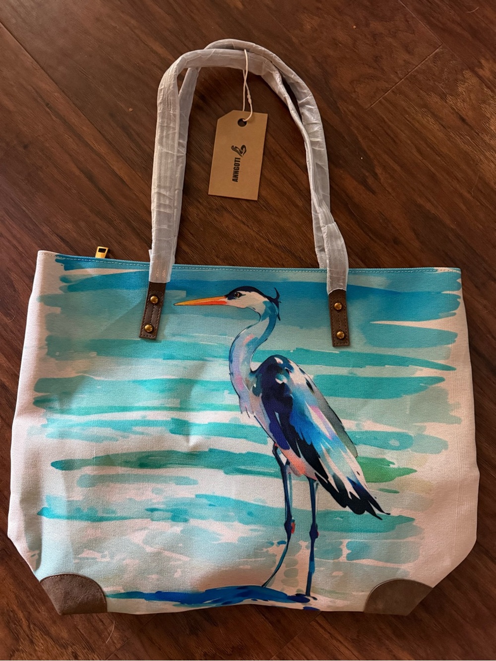 Canvas Blue Heron Watercolor Print Tote Bag Large Beach Coastal Zipper NWT Nice! - Picture 2 of 11